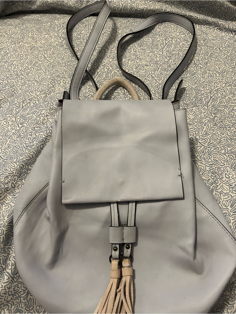 French Connection Light Gray Leather Drawstring Backpack with Tassel